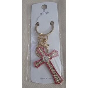 Mint Pink Rhinestone Cross Keychain Gold Tone Crystal Religious Bag Charm NWT